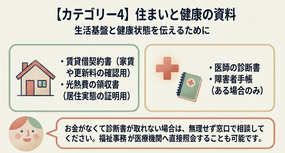 賃貸借契約書、光熱費の領収書、医師の診断書、障害者手帳など、生活基盤に関する書類の紹介