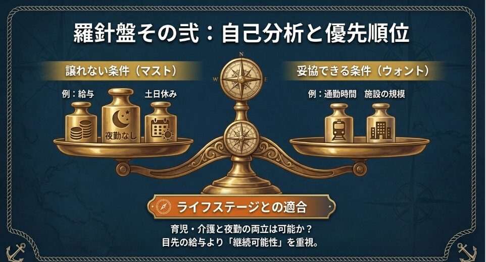 羅針盤その弐：自己分析と優先順位 。給与や土日休みなど譲れない条件（マスト）と妥協できる条件（ウォント）の整理、育児・介護との両立などライフステージとの適合の重要性