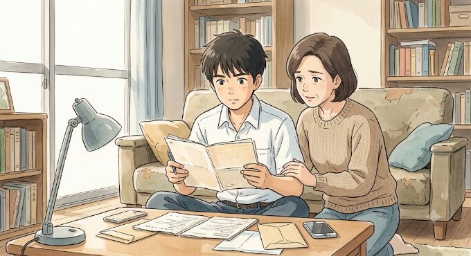 生活保護上の世帯分離について書類を見ながら母親と相談する18歳の日本人青年
