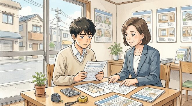 不動産店舗で初期費用や家賃の見積もりを確認する18歳の青年