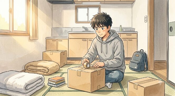 新居で荷造りをしながら一人暮らしと自立の準備を進める18歳の日本人男性