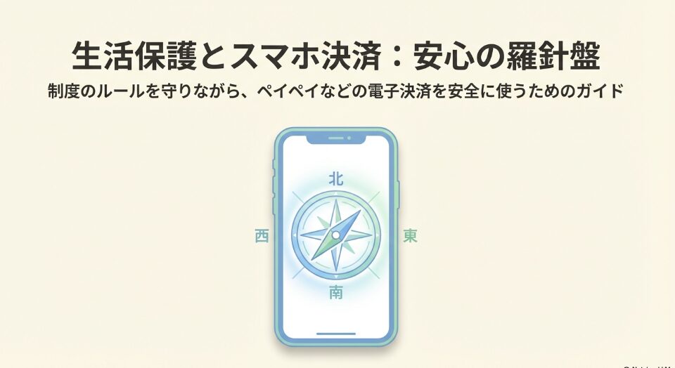 生活保護受給者がペイペイなどのスマホ決済を安全に使うための羅針盤を示すタイトルスライド