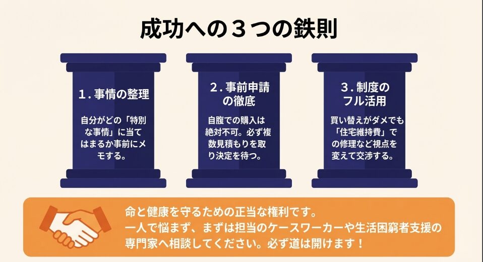 エアコン申請成功のための、事情の整理、事前申請の徹底、制度のフル活用という3つの鉄則
