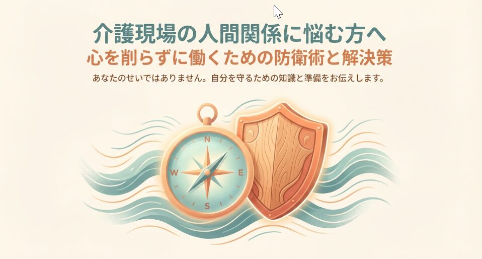 介護現場の人間関係に悩む方へ向けた、心を削らずに働くための防衛術と解決策の表紙スライド