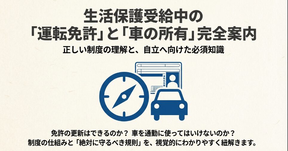 生活保護受給中の運転免許と車の所有に関する完全案内の表紙スライド。正しい制度理解と自立への知識を解説する旨が記載されている。