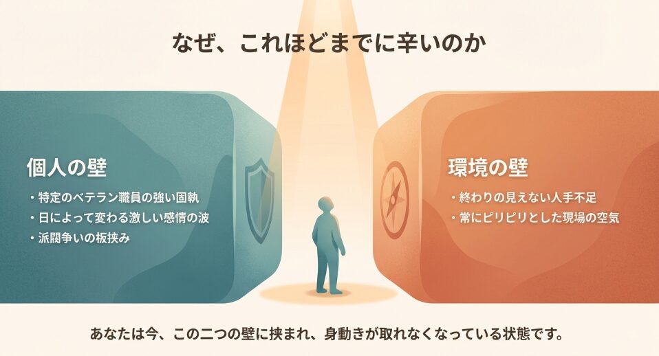 特定のベテラン職員への固執といった個人の壁と、人手不足といった環境の壁の2つに挟まれ身動きが取れない状態を図解したスライド