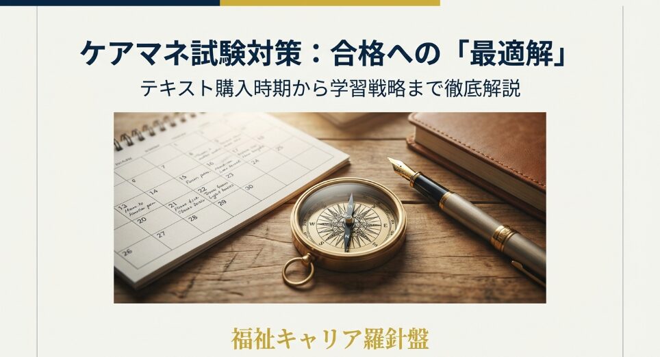 羅針盤とカレンダーを背景にした、ケアマネ試験対策の全体像を示すイメージ画像