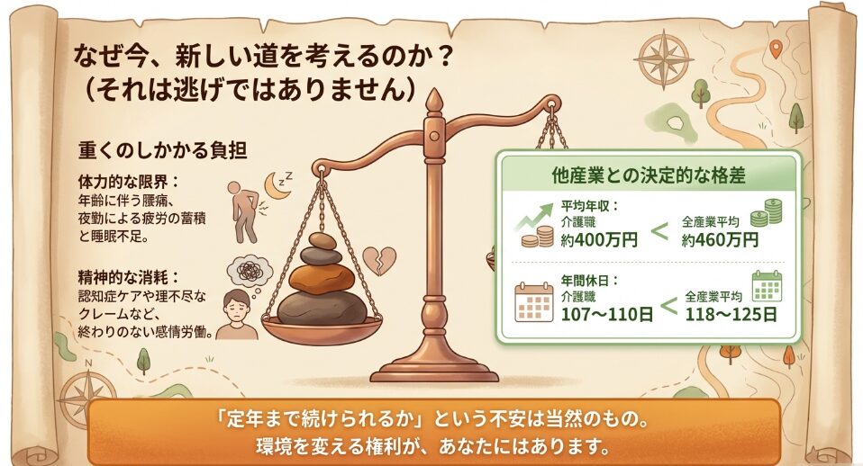 体力的な限界や精神的消耗、他産業との待遇格差など介護職が転職を考える理由