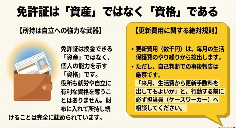 財布に入った免許証のイラストと共に、免許は換金できる資産ではなく個人の能力を示す資格であり、所持は完全に認められていると説明するスライド。