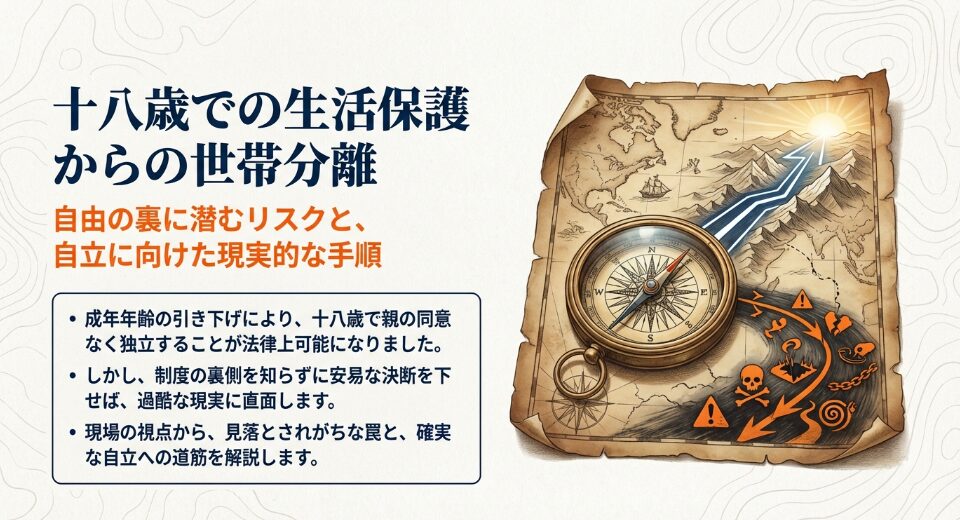 18歳での生活保護からの世帯分離に伴うリスクと自立への手順を示す羅針盤と地図のイラスト