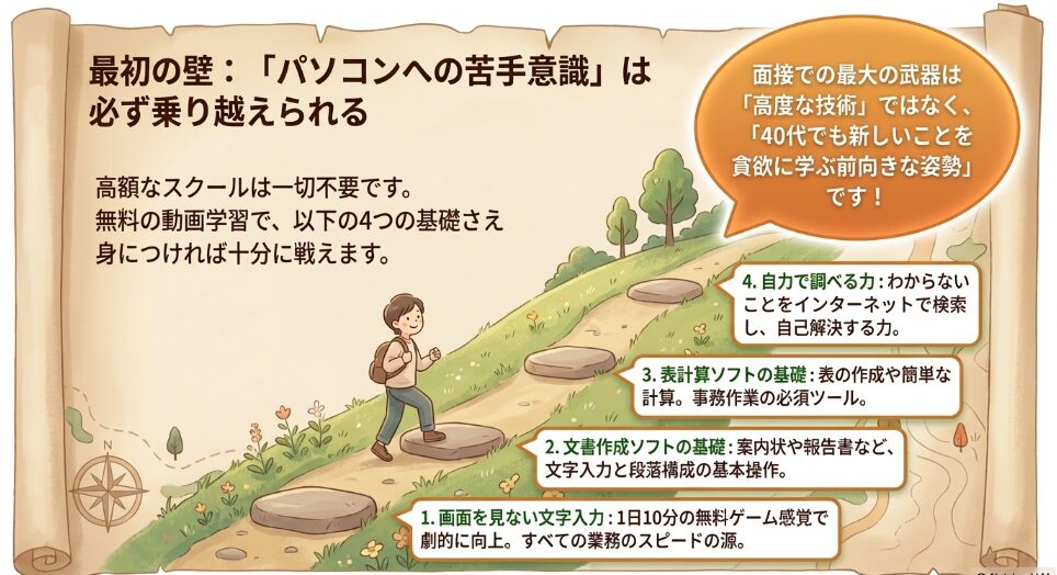 画面を見ない文字入力、文書作成、表計算、自力で調べる力など事務職に必要な基本パソコンスキル