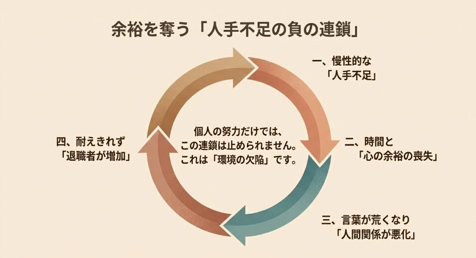 慢性的な人手不足から心の余裕が喪失し、人間関係の悪化を経て退職者が増加するという4段階の負の連鎖を図解したスライド