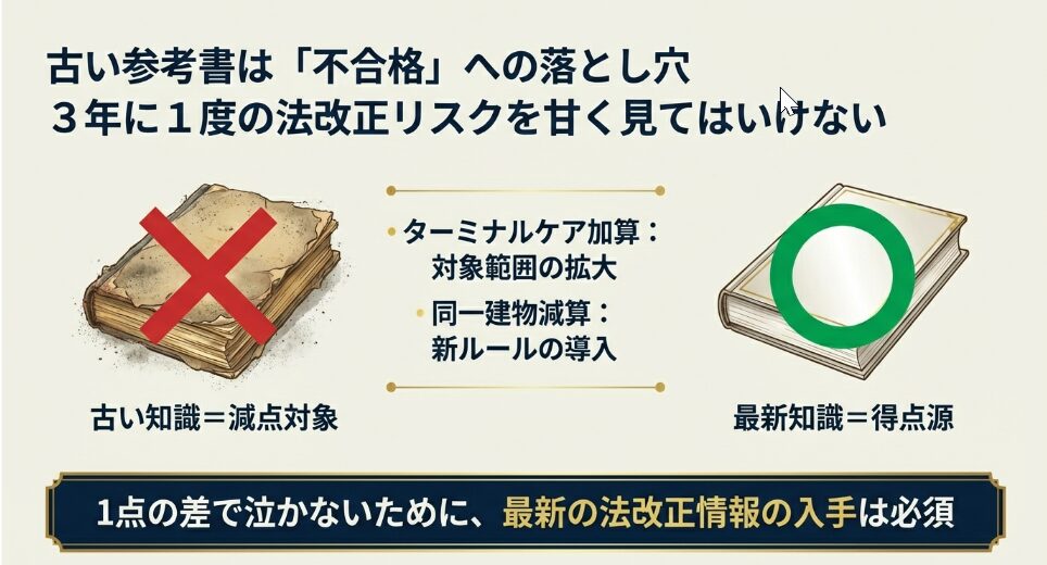 古い参考書にはバツ印、新しい参考書にはマル印がつけられ、3年に1度の法改正リスクにより古い知識が減点対象になることを警告する図