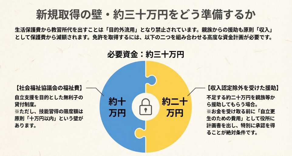 免許取得に必要な30万円の準備方法。社会福祉協議会の10万円貸付と、親族等からの20万円の援助（収入認定除外）を組み合わせる計画図。
