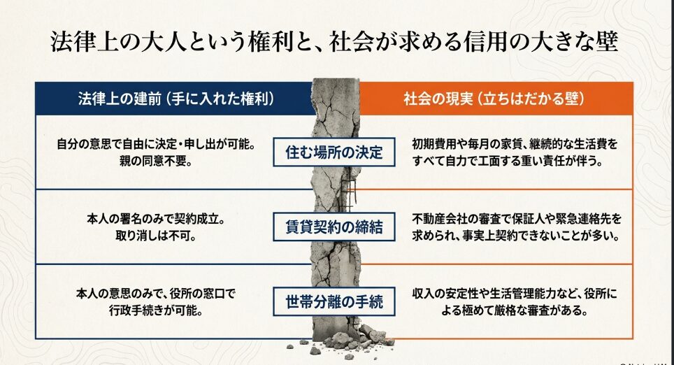 18歳成人における法律上の権利（住居決定、契約、世帯分離）と社会の現実（責任、審査）を比較した表