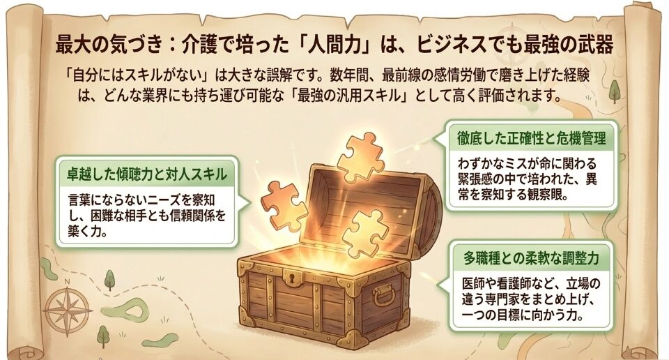 正確性と危機管理、卓越した傾聴力、多職種との柔軟な調整力といったビジネスで通用する介護職の強み
