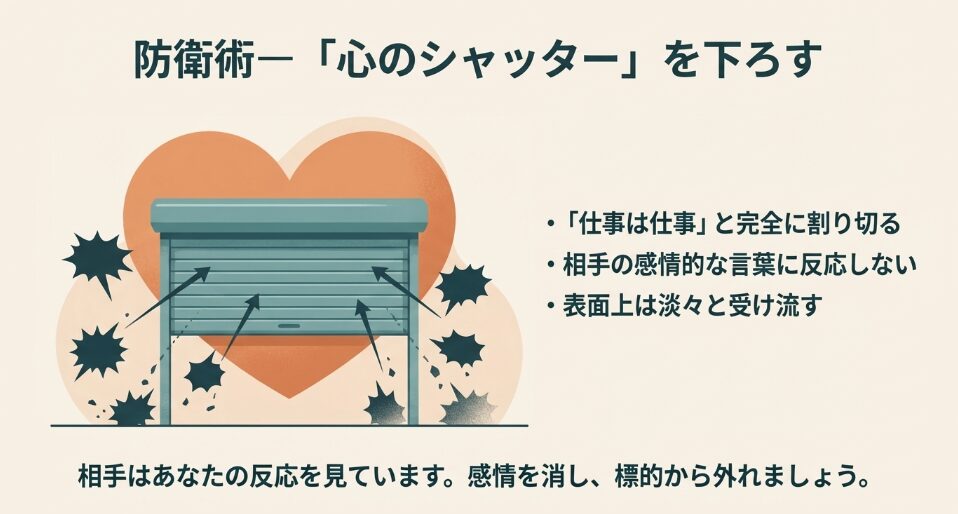 仕事は仕事と割り切り、相手の感情的な言葉に反応せず心のシャッターを下ろして標的から外れる防衛術を解説した図