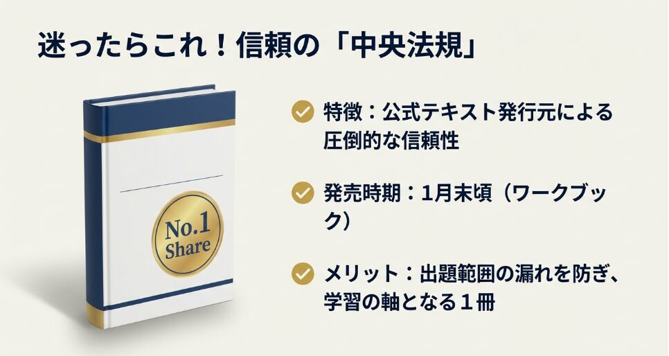 公式テキスト発行元による圧倒的な信頼性があり、学習の軸となる中央法規出版のワークブックの特徴をまとめたスライド