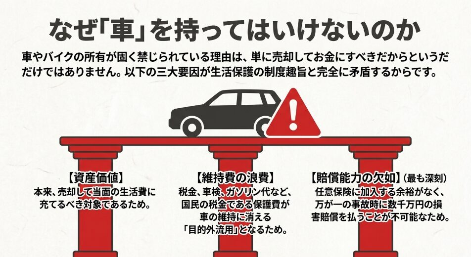 車の所有が禁止される三大要因（資産価値、維持費の目的外流用、賠償能力の欠如）を警告マークと共に説明するスライド。