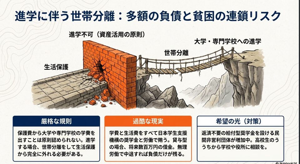 生活保護から世帯分離して大学・専門学校へ進学する際の厳しい規則と多額の負債リスクを示すイラスト