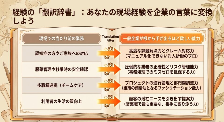 認知症対応や服薬管理などの介護経験を、課題解決力や正確性などのビジネススキルに変換する対応表