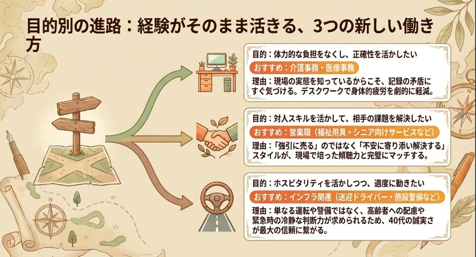介護事務、営業職、インフラ関連など、目的と強みに合わせたおすすめの異業種と働き方