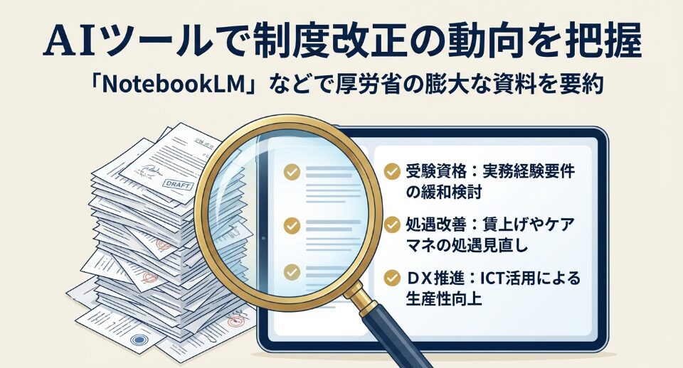 NotebookLMなどのAIツールを活用して、受験資格の緩和や処遇改善、DX推進といった制度改正のポイントを把握する手法を示す図 