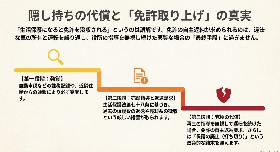 隠し持ちが発覚した際の3段階（発覚、売却指導と返還請求、免許返納要求と保護廃止）の代償を説明するスライド。