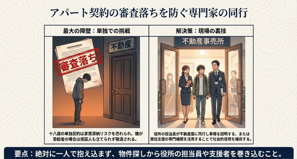 18歳単独でのアパート契約における審査落ちのリスクと、役所の担当員など専門家同行による解決策を示すイラスト