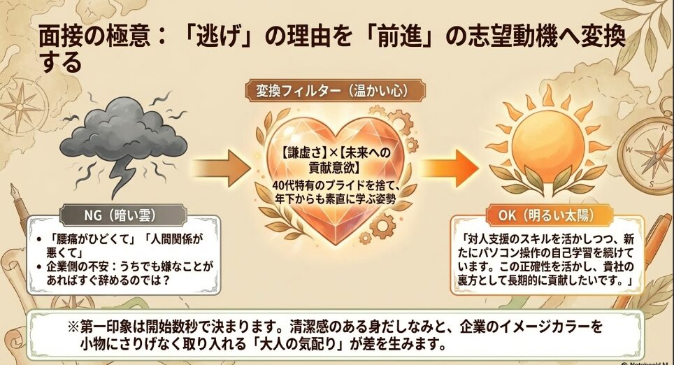 介護職のネガティブな退職理由を、謙虚さと未来への貢献意欲というポジティブな志望動機へ変換する面接の極意