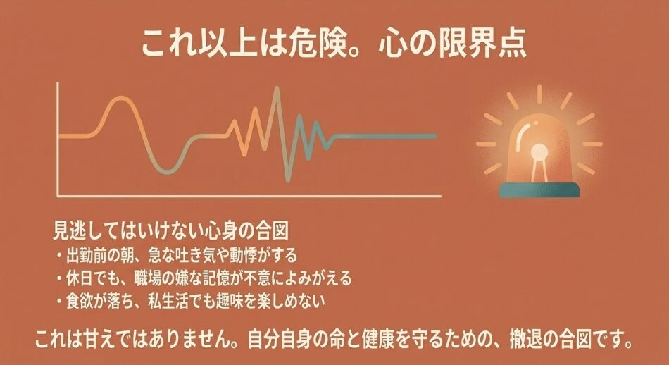 出勤前の朝の吐き気や動悸、休日によみがえる職場の嫌な記憶など、自分自身の命を守るための撤退の合図となる心身のサインをまとめたスライド
