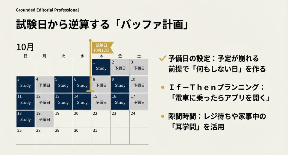 10月12日の試験日から逆算し、予定が崩れる前提で予備日を設けたゆとりある学習スケジュールカレンダー 