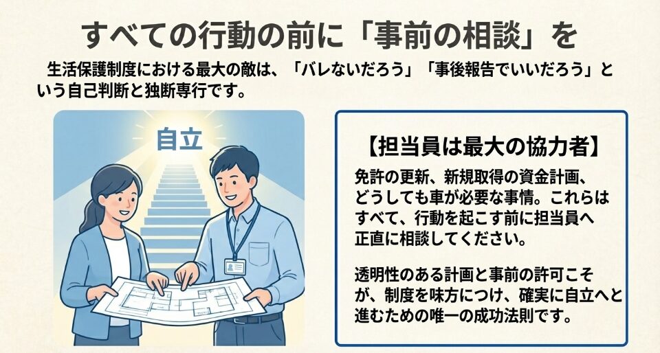 自立への階段を登る受給者と担当員のイラスト。全ての行動の前に事前の相談をすることが成功法則であると伝えるスライド。