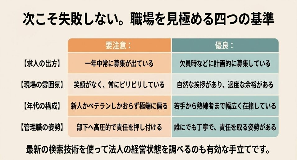 求人の出方、現場の雰囲気、年代構成、管理職の姿勢という4つの観点から要注意な施設と優良な施設を比較した表スライド