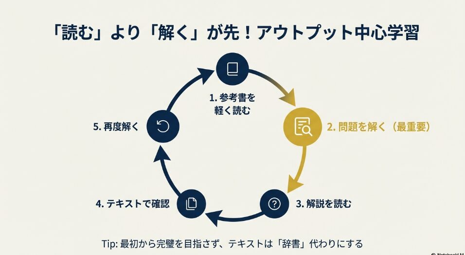 参考書を軽く読むことから始め、問題を解くことを最重要視する5ステップのアウトプット中心学習サイクル図