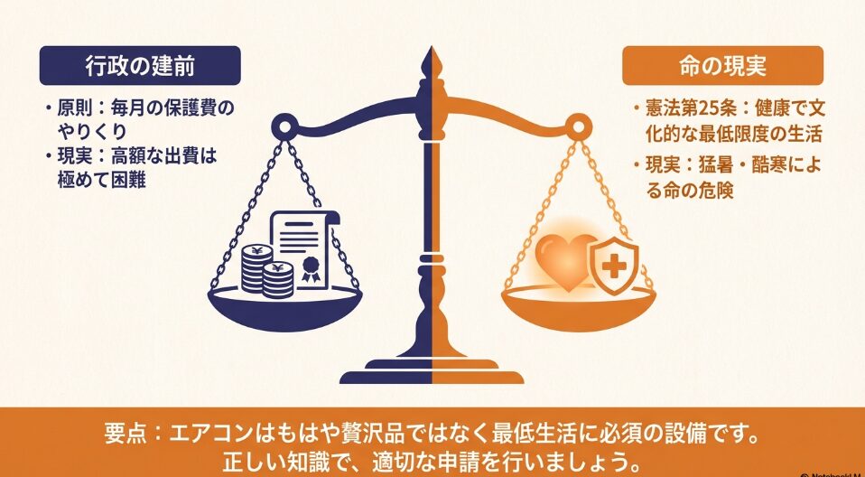 毎月の保護費のやりくりという行政の建前と、猛暑や酷寒による命の危険という現実を天秤にかけたイラスト