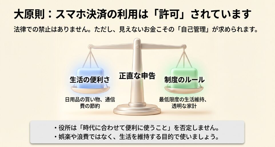 生活保護制度においてスマホ決済の利用は許可されており、生活の便利さと正直な申告が重要であることを解説するスライド 