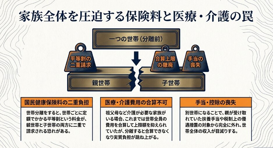 世帯分離によって親世帯と子世帯に生じる平等割の二重請求、合算上限の撤廃、手当の喪失を示す図解