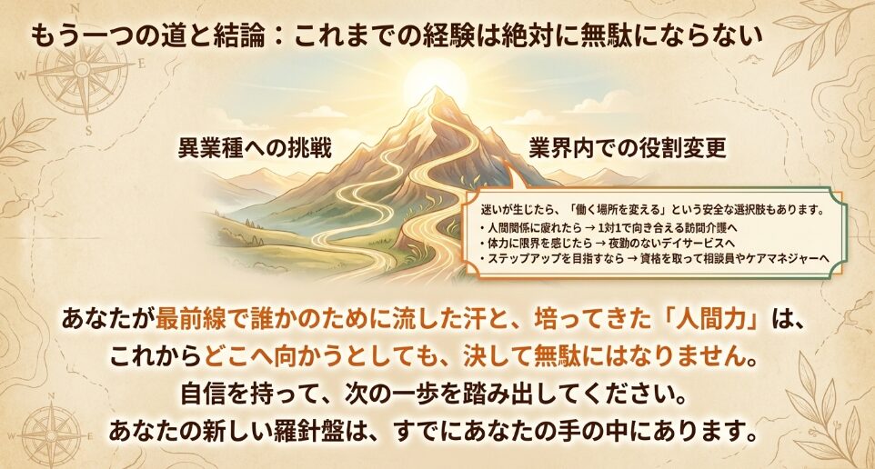 働く場所を変える業界内での役割変更という選択肢と、これまでの介護現場での経験は絶対に無駄にならないという結論