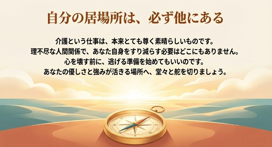 介護の仕事は本来尊いものであり、理不尽な人間関係で心を壊す前に逃げる準備をして、優しさが活きる場所へ舵を切るよう背中を押すメッセージスライド