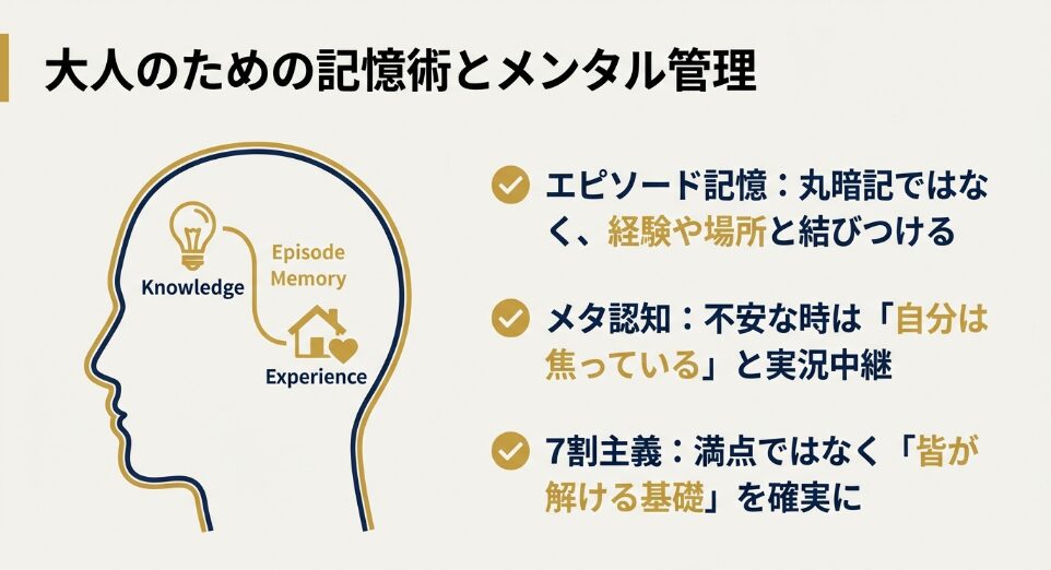 知識を経験や場所と結びつけるエピソード記憶や、メタ認知、7割主義を図解した大人のためのメンタル管理イメージ 