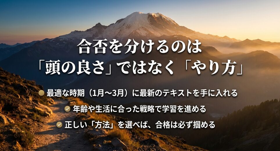 ケアマネ試験の合否を分けるのは頭の良さではなくやり方であり、最適な時期に最新テキストを入手し戦略的に進めることが重要であることを伝えるスライド 