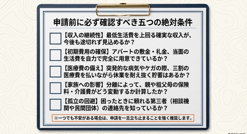 世帯分離を申請する前に確認すべき収入の継続性、初期費用、医療費の備え、家族への影響、孤立回避の5つの条件