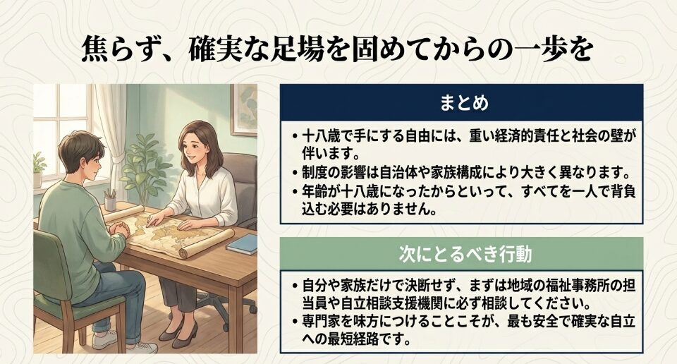 18歳での世帯分離を一人で決断せず、福祉事務所や支援機関の専門家に相談しながら確実な足場を固める様子を描いたイラスト