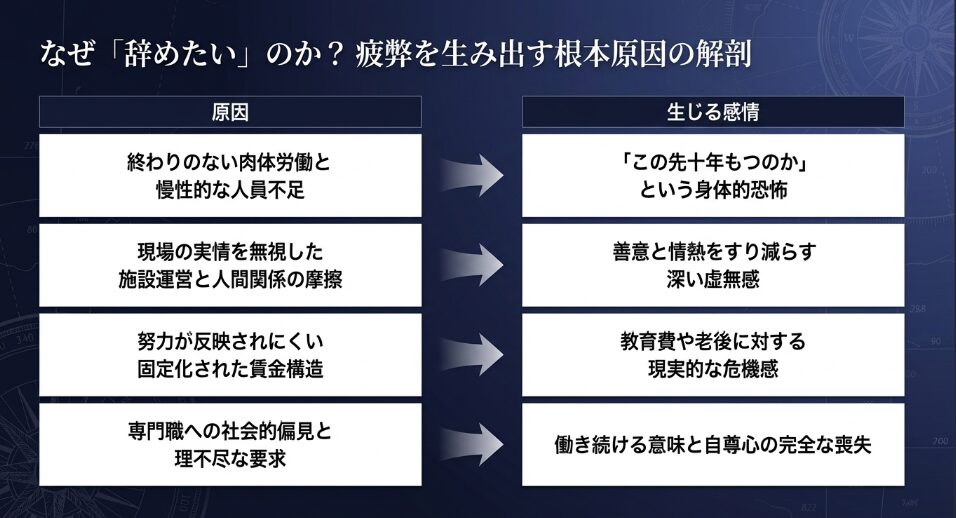 介護職が辞めたいと感じる根本原因と、それに伴って生じる身体的恐怖や虚無感などの感情を整理した図