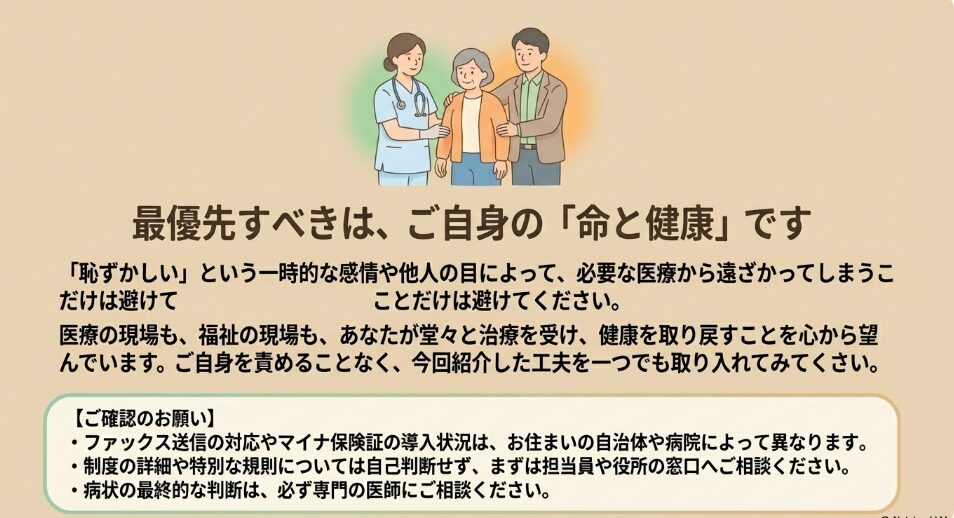 医師や福祉担当者が、受給者が堂々と治療を受けられることを願っていることを伝える温かみのあるイラスト