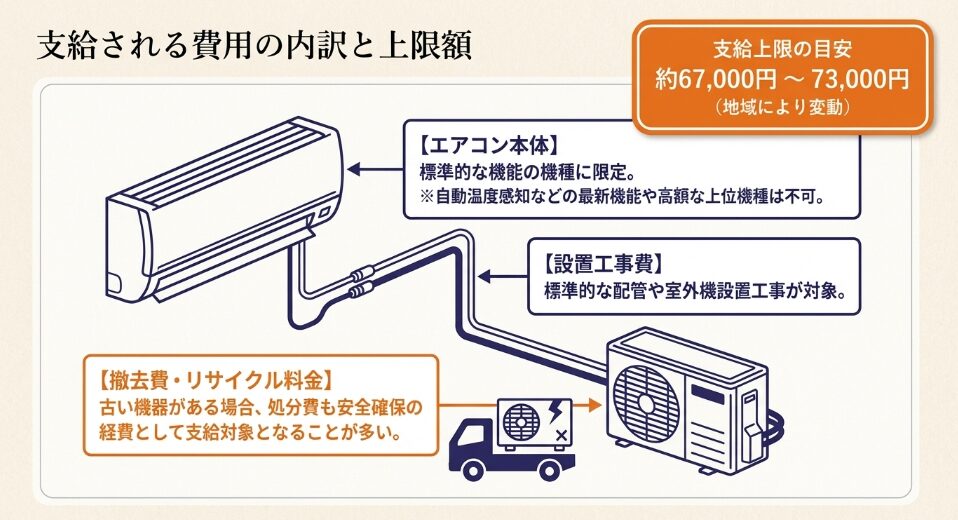 エアコン本体代（支給上限の目安約67,000円〜73,000円）、設置工事費、撤去費・リサイクル料金など、支給対象となる費用の図解