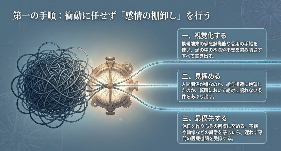 衝動的な退職を避けるため、視覚化、見極め、最優先の3つのステップで感情を棚卸しする手順