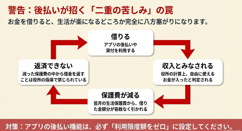 アプリで後払いを利用すると収入とみなされて保護費が減り、さらに減った保護費からの返済も禁じられているという八方塞がりの状態を警告する図解