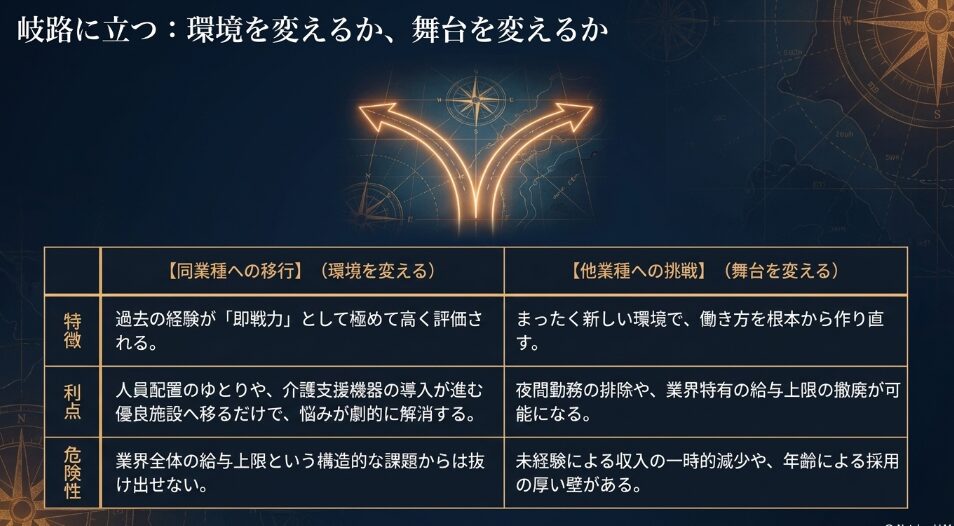 介護職からの転職における、同業種への移行と他業種への挑戦のメリットと危険性を比較した表